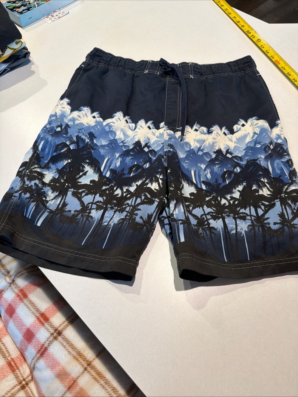 Sonoma Navy and Blue Palm-Print Swim Trunks